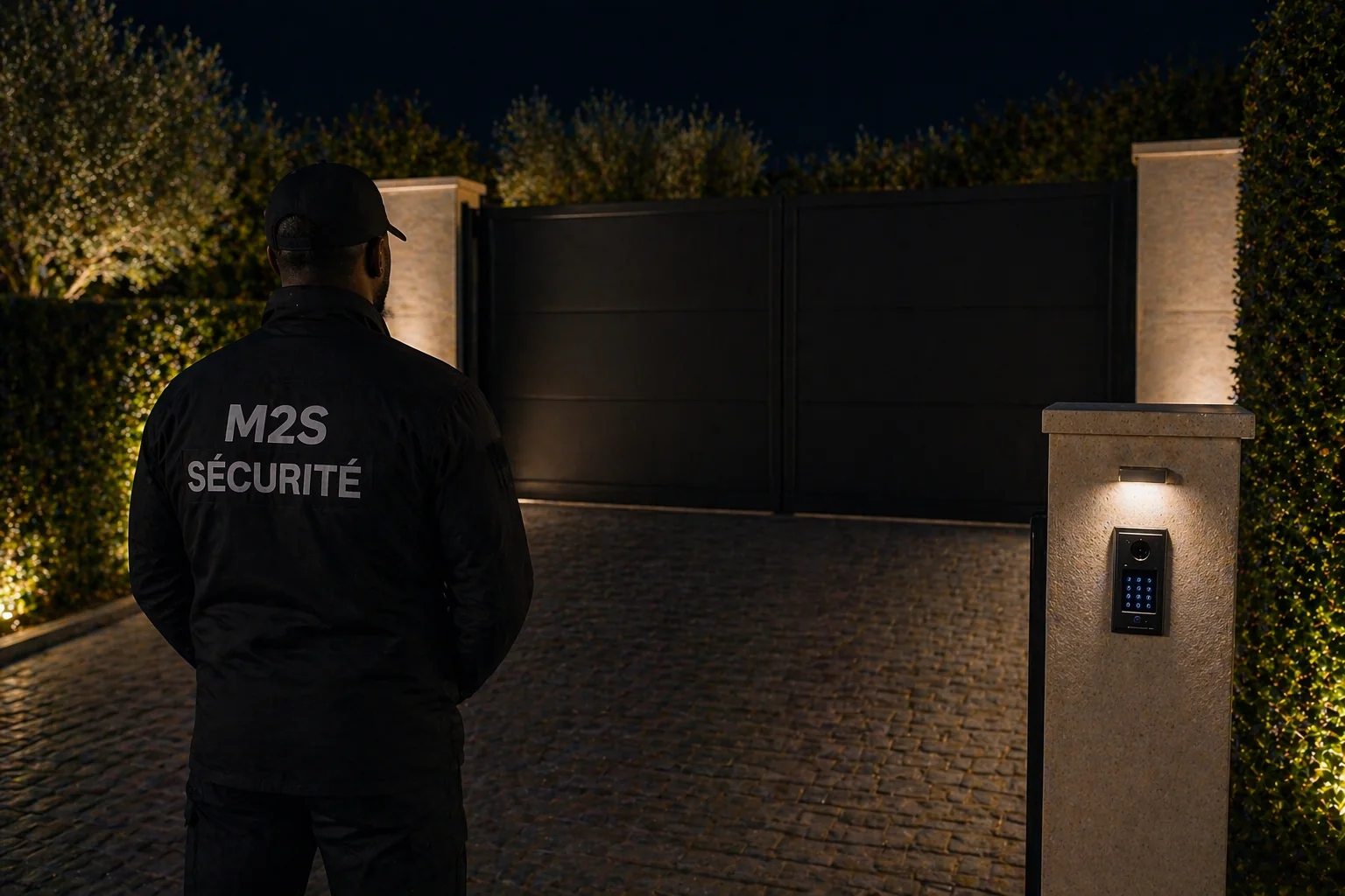 Agent M2S Sécurité devant l’entrée d’une propriété haut de gamme